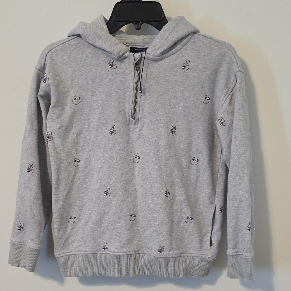 Tommy Hilfiger Light Gray Zip-Up Hoodie with Embroidered Icons